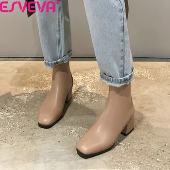 

ESVEVA 2021 Scrub PU Leather Ankle Boots Autumn Winter Round Toe Ladies Pumps Square Heel Slip on Women Shoes Big Size 34-43