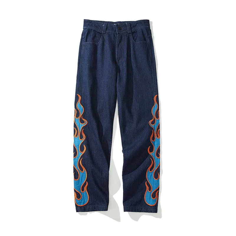 blue jeans Темные иконы пламени вышивка мужские джинсы Уличная мода джинсы для мужчин джинсовые брюки для женщин - Цвет: blue jeans