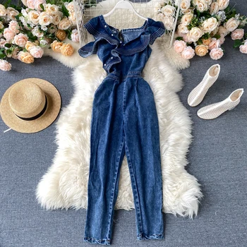 

Chic Vintage Jeans Women's 2020 New Fashion Ruffles Off-Shoulder Slim High Waist Jumpsuit Sexy Vintage Overalls L564