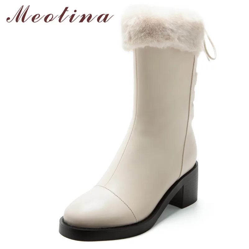 

Meotina Natural Genuine Leather Women Boots Platform High Heel Mid Calf Boots Lace Up Thick Heel Shoes Ladies Boots Winter White