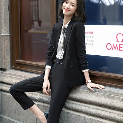 Black Pant Suits Новые модные серые женские брючные костюмы OL профессиональный бизнес плюс размер длинный рукав Блейзер и брюки Офисная Женская одежда для работы - Цвет: Black Pant Suits