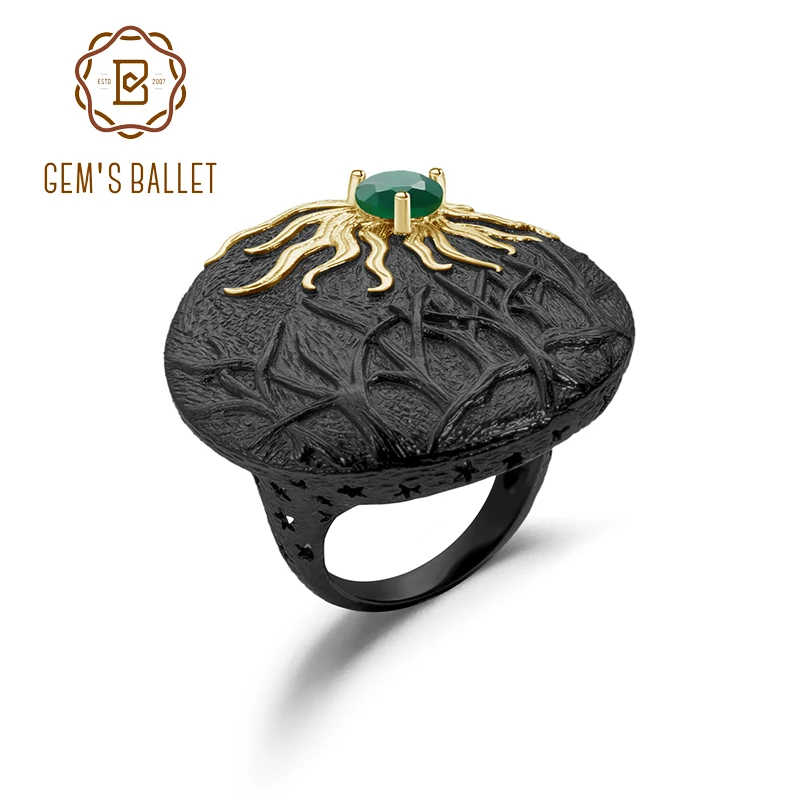 GEM'S балетные костюмы 925 пробы Серебряное кольцо ручной работы защита от солнца история натуральный зеленый агат, натуральный камень кольца для женщин