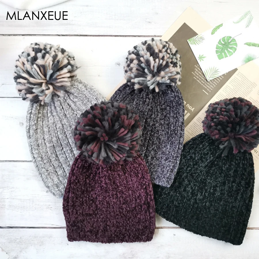

Winter Faux Fur Pompom Chenille Winter Hats Women Solid Warm Thick Knitted Wool Beanie Hat Girls Fashion Wild Soft Hemming Caps