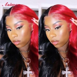 Asimey Highlight 613 Lace Front Body Wave Ombre Half Black And Red Human Hair Wig 32in Preplucked Transparent 13X4 180%For Women