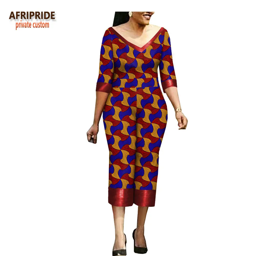 AFRIPRIDE Африканский Анкара принт комбинезон для женщин Половина рукава v-образным вырезом до середины икры Длина Повседневный женский хлопок комбинезон A1829002 - Цвет: 543J
