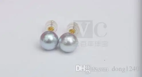 Elegante 9-10mm Mar del Sur plata gris perla pendiente 18 K