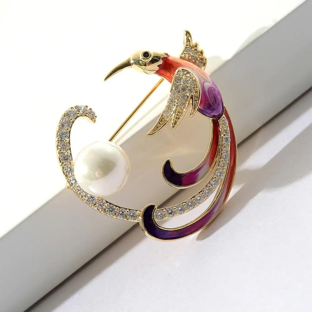 Neoglory Cute Phoenix Bird Brooches Animal Cubic Zircon Enamel Pearl Jewelry For Women High Quality Gift For Mother's Day