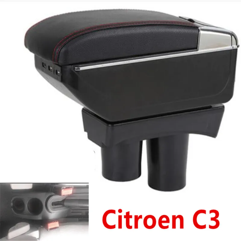 

For Citroen C3 armrest box USB Charging heighten Double layer central Store content cup holder ashtray accessories