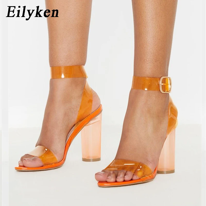 Orange Eilyken/Новинка года; прозрачные женские босоножки на высоком каблуке с ремешками из пвх; пикантные вечерние женские туфли с открытым носком; женские босоножки - Цвет: Orange