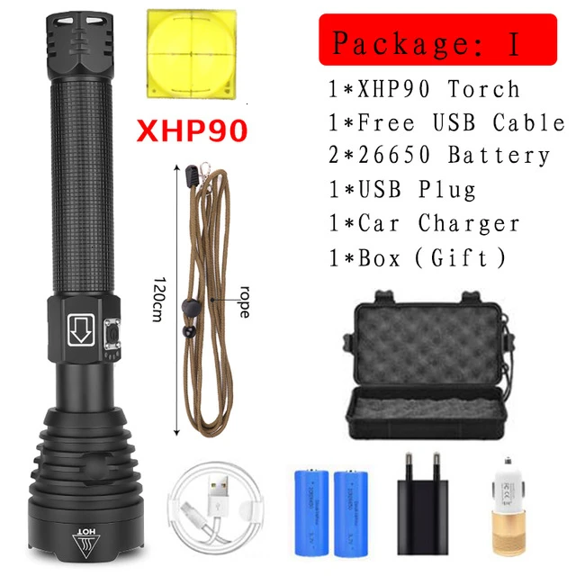 Brightest XHP90 Rechargeable LED Flashlight Powerful XHP70.2 Torch Super Waterproof Zoom Hunting Light Use 18650 or 26650 Battey - Испускаемый цвет: Package I-XHP90