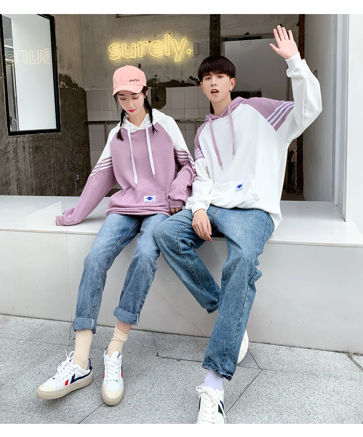 Winter Hoodies Sweatshirts Matching Couple Clothes Lovers Valentine's Day Striped Cute Purple Long Sleeve Hooded Hoodies 1910