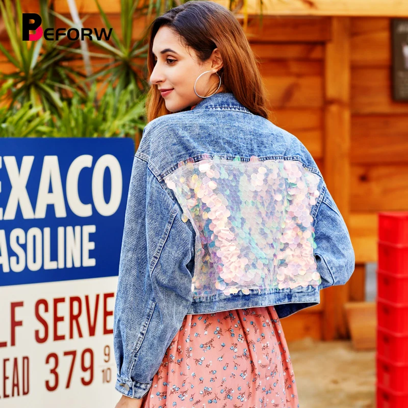 lower price BEFORW 2019 Fashion Winter Women Sequin Button Denim Jacket Coat Casual Fall Long Sleeve Pocket Cro