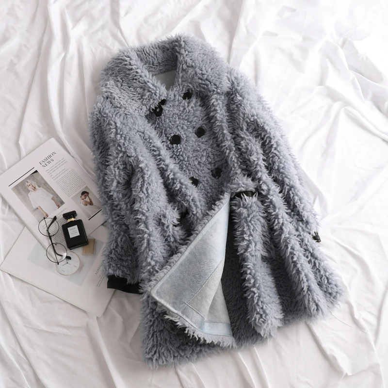blue Real Fur Coat Female Wool Jacket Autumn Winter Coat Women Clothes Korean Vintage Sheep Shealring Tops ZT4242 - Цвет: blue