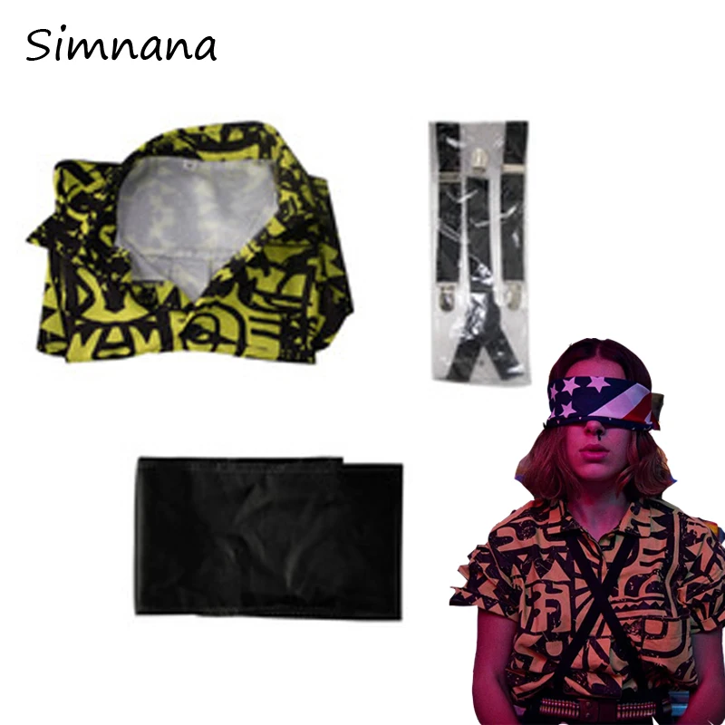 

Stranger Things 3 Costume Eleven Cosplay Costume Women Yellow Short Sleeve Tee Eye Mask Straps Halloween Carnival Party Props
