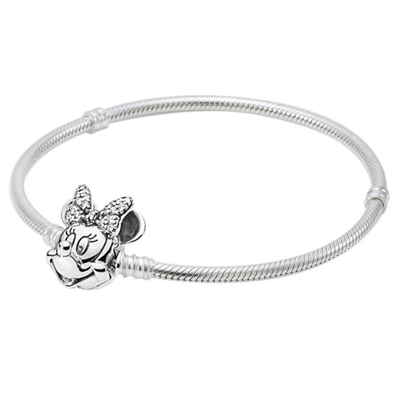 925 пробы серебряный браслет Минни Мерцающая портретная застежка змеиная цепочка браслет подходит для бисера Шарм DIY Европа ювелирные изделия