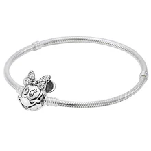 925 пробы серебряный браслет Минни Мерцающая портретная застежка змеиная цепочка браслет подходит для бисера Шарм DIY Европа ювелирные изделия