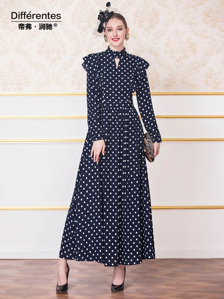 

Vintage print dot dress chiffon 2019 autumn ankle-length turtleneck elegant party long sleeve plus size M-4XL women dresses
