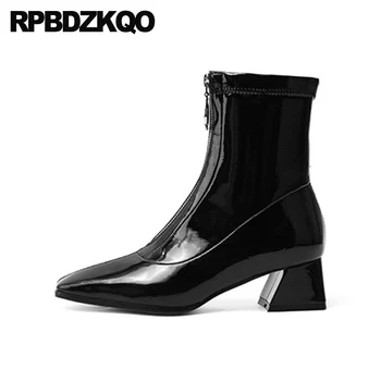 

high heel black fashion chunky square toe shoes 2019 women ankle boots medium short front zipper winter patent leather chinese
