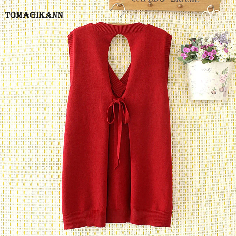 

4XL Sleeveless Sweater Vest for Women Back Hollow Out Lace Up Knitted Ladies Vests
