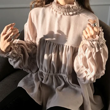 

2020 Spring Autumn Office Lady Elegant Blouse Women Flare Long Sleeve Turtleneck Black/Pink Chiffon Tops For Female New Shirts