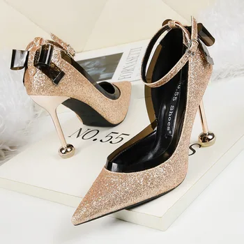 

2020 Glitter Sequined Women Pumps Elegant Pointed toe Thin heeled Party Wedding Shoes Fashion Shallow Butterfly Knot High heels