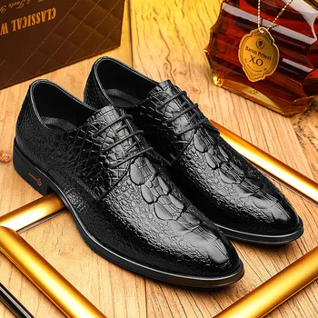 

Crocodile pattern Breathable Formal Wedding Shoes Luxury Brand Leather Lace-up Men Business Dress Pointy Black Shoes Oxford
