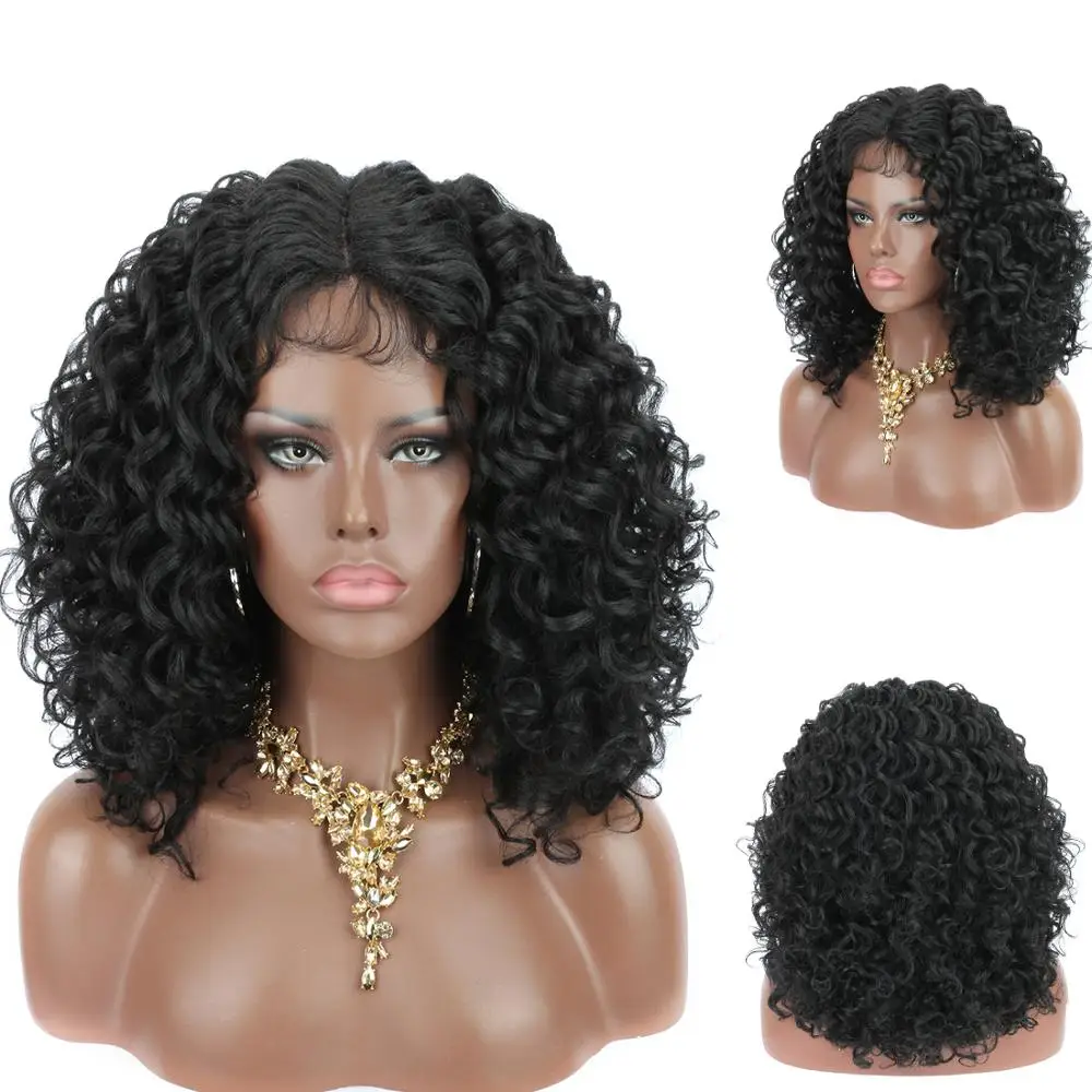Kinyss 8 дюймов черный глубокий кудрявый синтетический короткий кружевной передний парик для черных женщин афро кудрявый парик шнурка средняя часть волос парики - Цвет: black