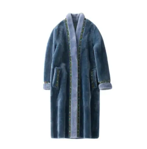 New arrive female Real Merino sheep fur long jacket coat elegant brand A Version V-neck thick warm winter fur clothing - Цвет: lake blue