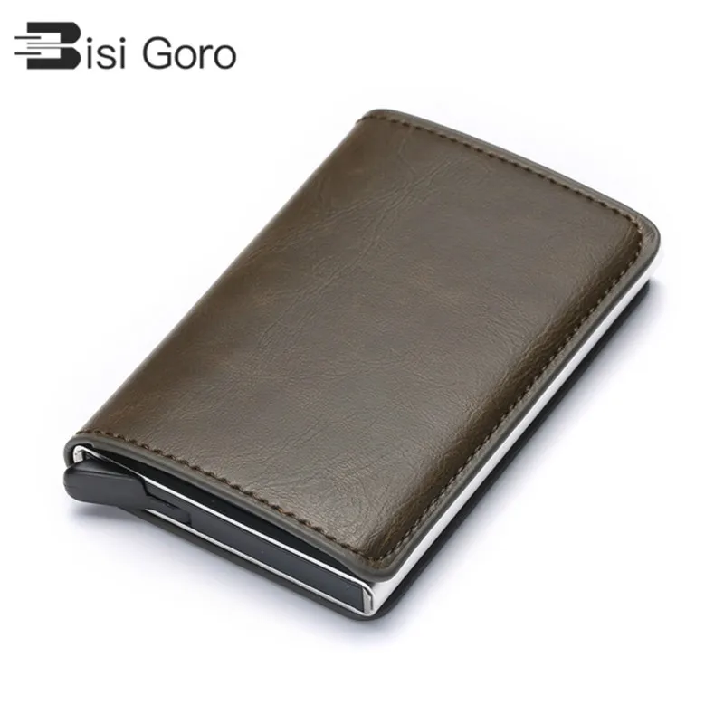 BISI GORO-tarjetero de aleación de aluminio RFID para hombre y mujer, billetera de cuero PU, tarjetero automático Pop-Up