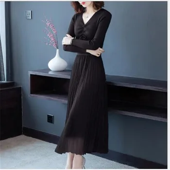 

Fashion 2020 Women Sweater Dress Autumn Spring A-Line Knitted Dress Pullovers Beading Patchwork Mesh Slim Pull Femme Hiver H