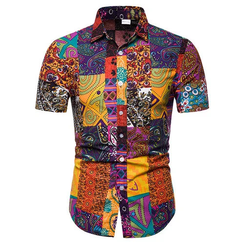Весенняя Мужская рубашка с цветочным принтом, рубашки с коротким рукавом, цветные мужские повседневные облегающие платья, одежда camisa masculina - Цвет: TC19