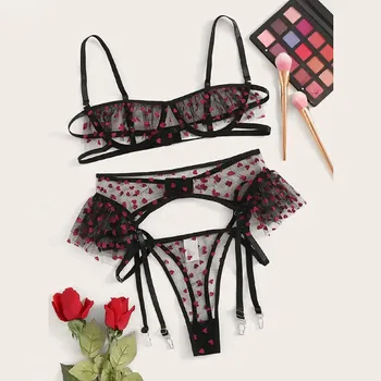 

Bra Set Underwear Nightwear Bralette Set Lingerie Sexy Exquisite Lace Lingerie Bra+Garter+Briefs Set Babydoll Cut-Out Sleepwear