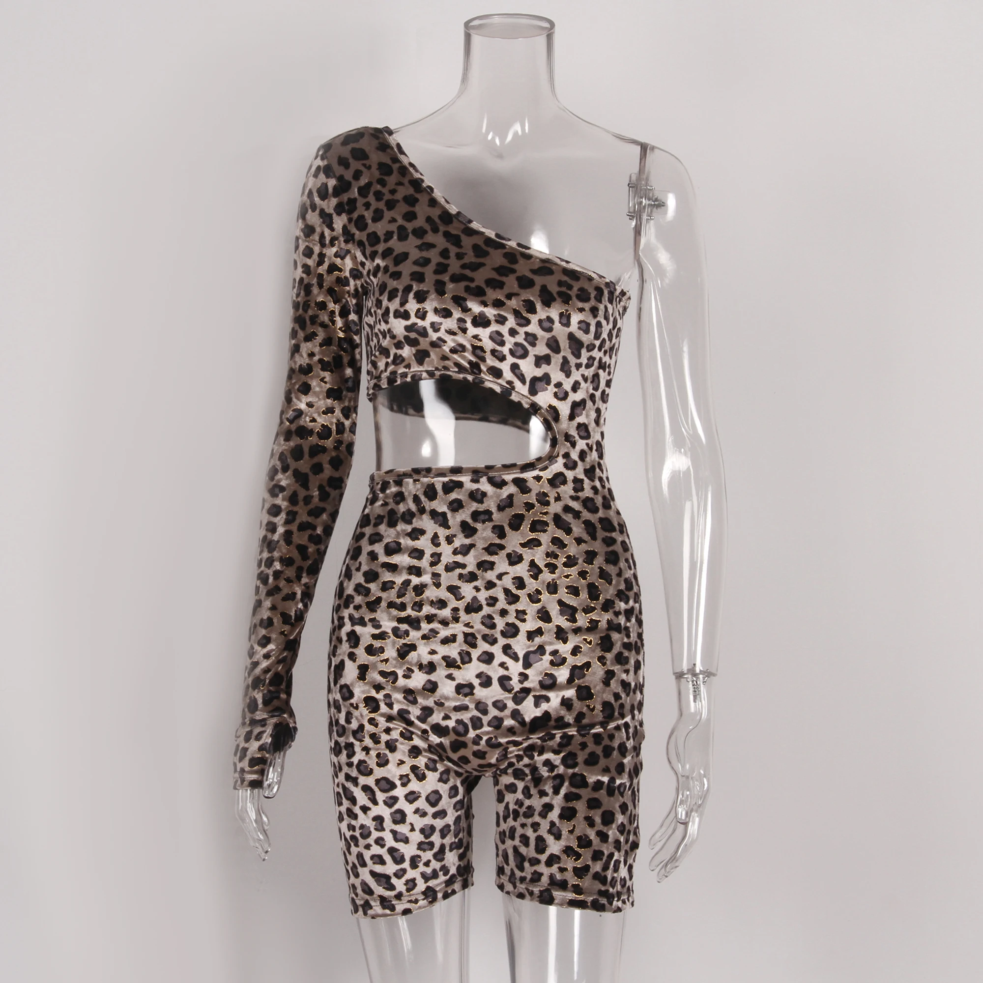 Women Playsuits Outfits Club Long-Sleeve Leopard Sexy One-Shoudler KGFIGU And Party High-Quality