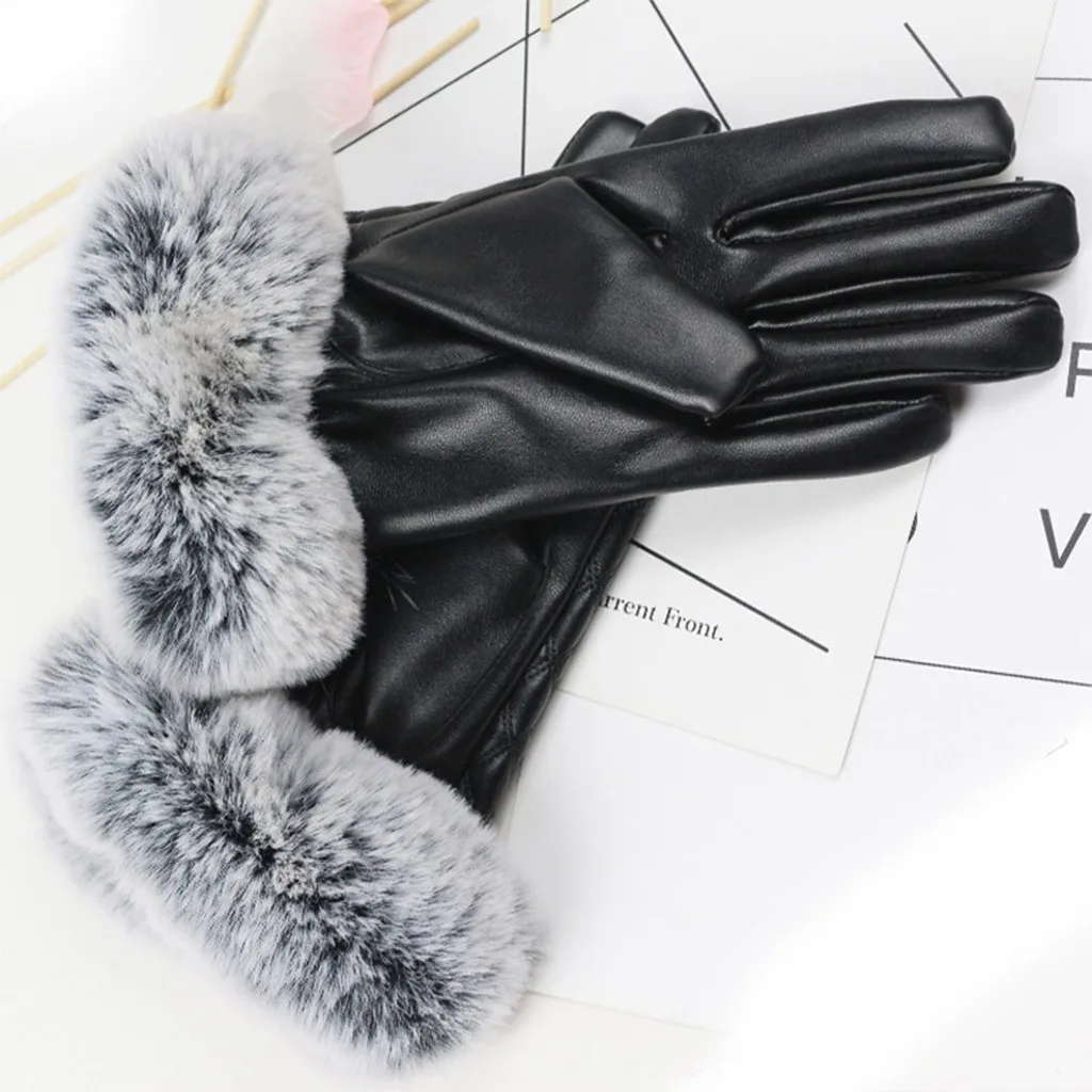 Женские перчатки из натуральной кожи с натуральным мехом, зимние женские теплые бархатные ветрозащитные перчатки, женские перчатки для езды на велосипеде, черные