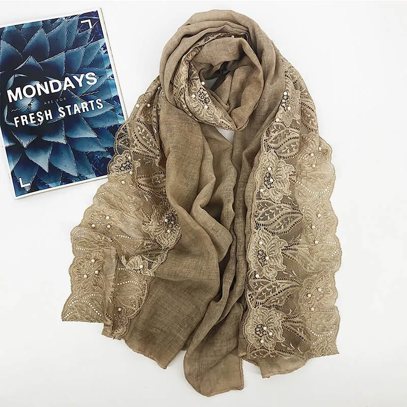 2 Lace floral hijab scarf plain beads cotton headband scarves wraps shawls hijab spring muslim scarf 180*80cm - Цвет: 2
