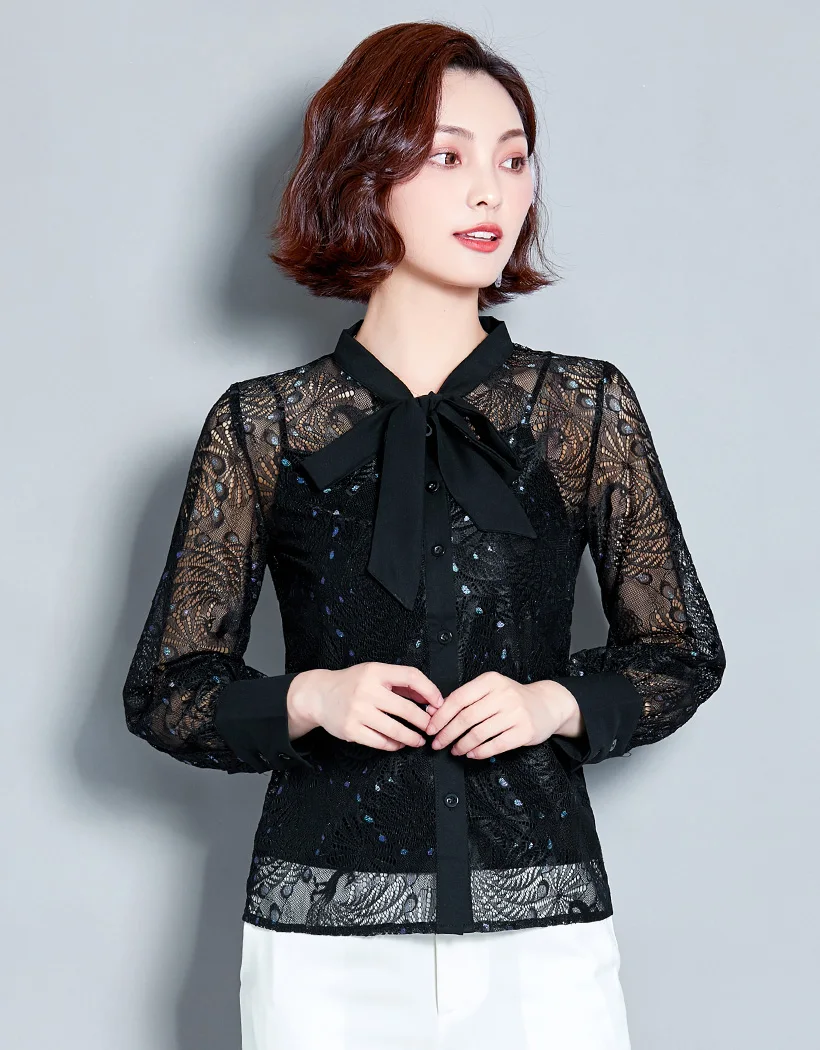 Blusas mujer de moda Осенняя кружевная рубашка с длинными рукавами сексуальная открытая женская блузка с бантом рубашка плюс размер Свободная Женская рубашка