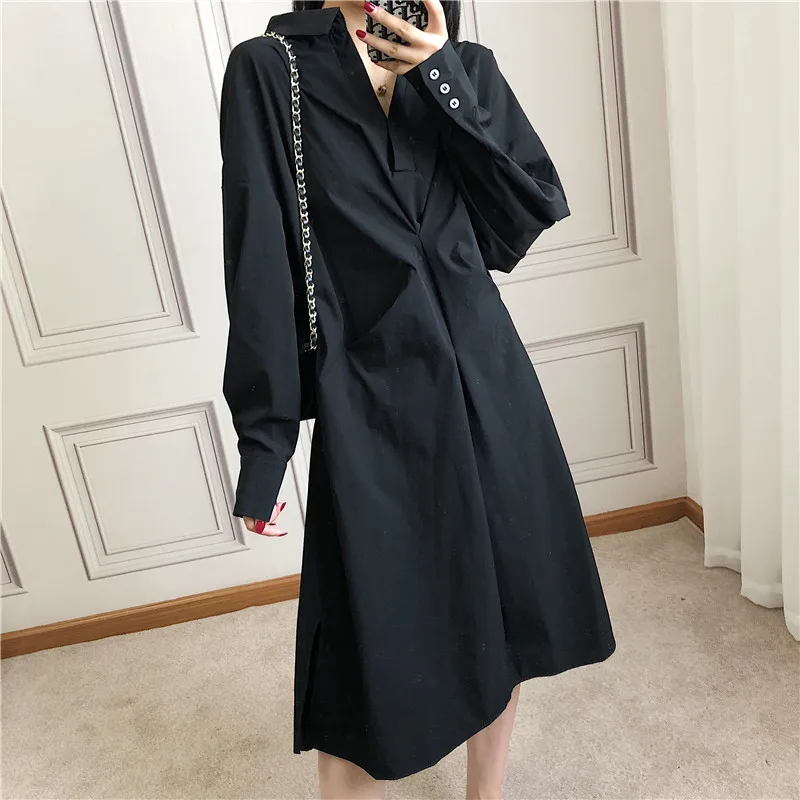 

Large Size Women Dress Fashion Casual Loose Wild Temperament 2019 Autumn New Loose Slim Turn-down Collar Full Sleeve Dress Women