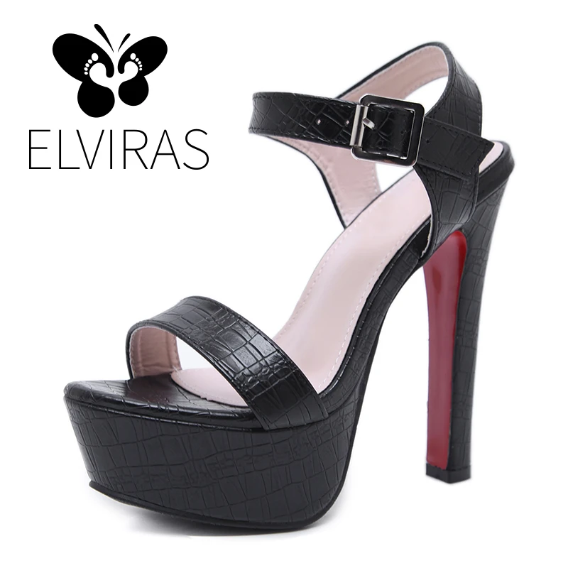 

ELVIRAS Ankle Buckle Strap Women High Heels Peep Toe Platform High waterproof platform Shoes Ladies black Casual Dress Shoes