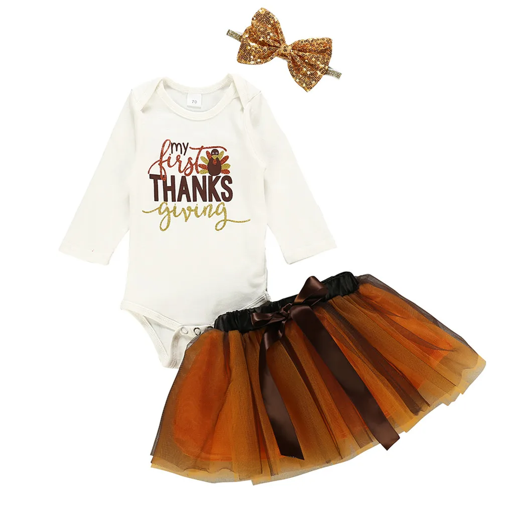 Одежда для новорожденных девочек на День Благодарения; комбинезон с юбкой; повязка на голову с блестками; комплект одежды из 3 предметов для маленьких девочек - Цвет: Белый