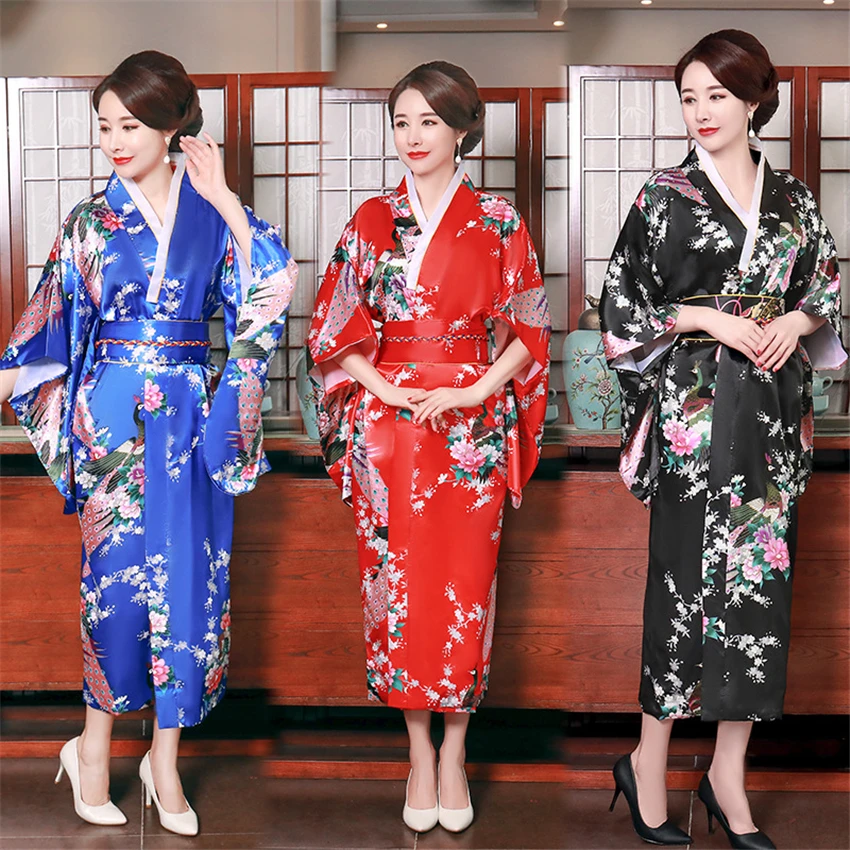 Новая шелковая Традиционная японская мода кимоно для женщин Павлин Мужская пижама-кимоно платье в азиатском стиле Haori Obi взрослая