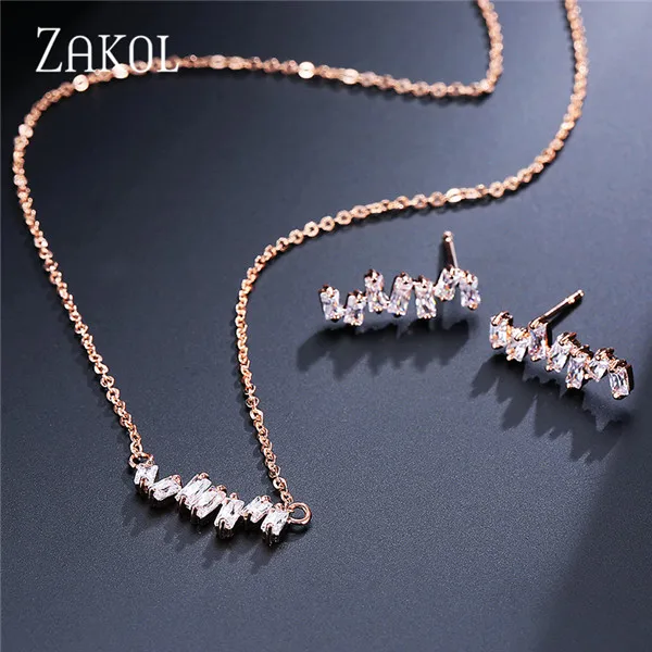 Rose Gold Color ZAKOL Новое поступление Европейский Стиль Ювелирные наборы прямоугольник кубический циркон кластер Подвески Комплект сережек для женщин FSSP2004 - Окраска металла: Rose Gold Color
