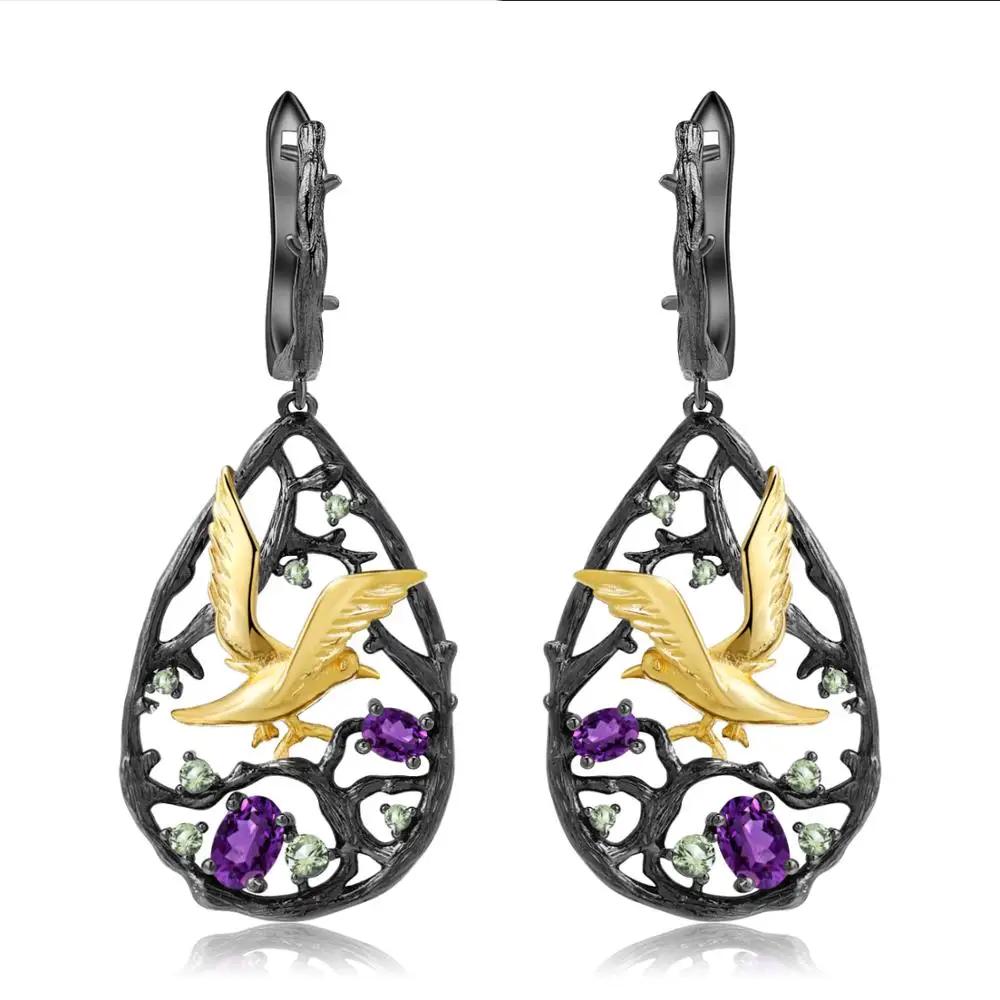 

GEM'S BALLET Natural Amethyst Gemstone Earrings 925 Sterling Silver Handmade Bird Branch Vintage Drop Earrings For Women Jewelry