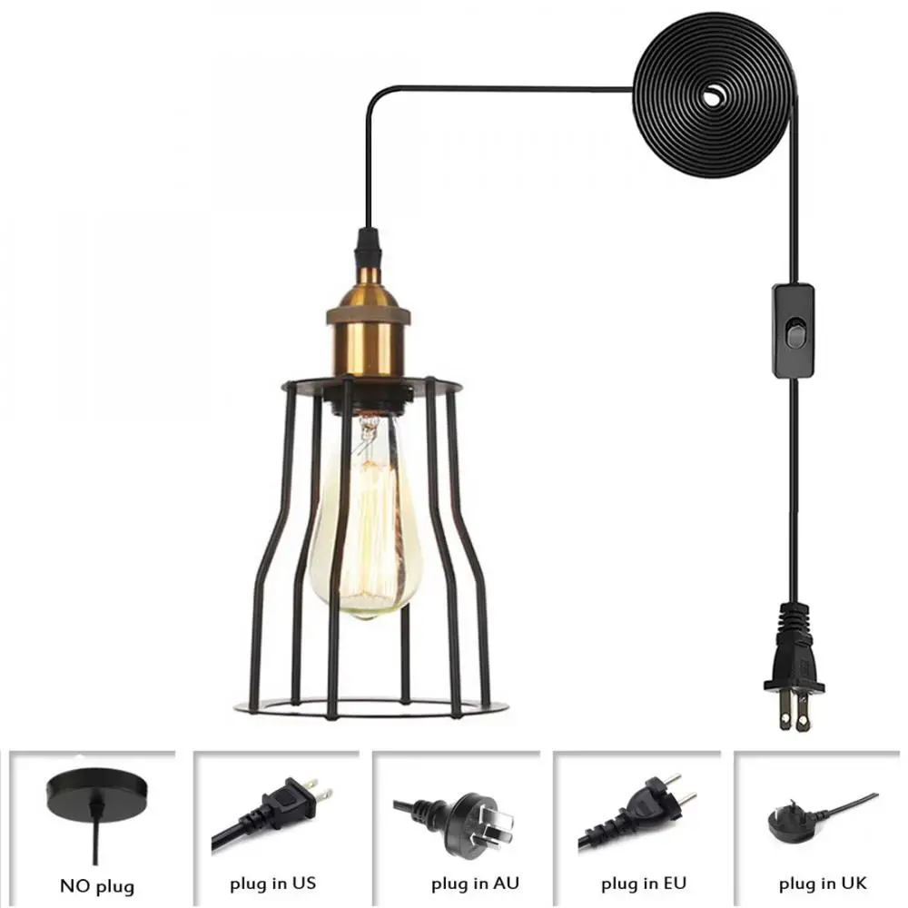 

Industrial Pendant Light with Adjustable Height Hanging Cord Black Finish Wire Cage Hanging Light Metal Plug In Ceiling Light