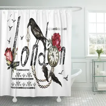 

Lettering London Watercolor Crow Red Roses Clock Keys Shower Curtain Waterproof Polyester Fabric 60 x 72 inches Set with Hooks