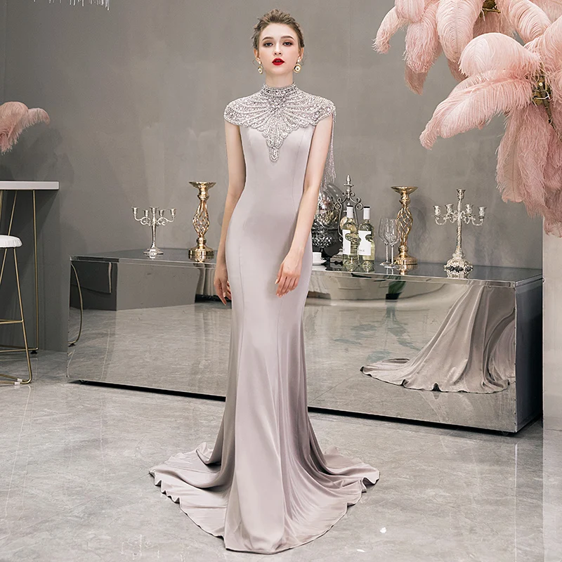 SSYFashion/Новое высококачественное роскошное вечернее платье розового цвета с высоким воротом Русалочки, Длинные Вечерние Платья De Noche