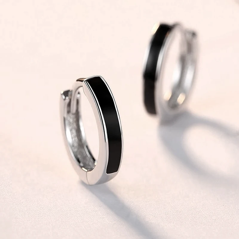 TONGZHE 925 Sterling Silver Small Hoop Earrings CZ Black Round Circle Huggie Energy Earrings Fashion Jewelry Womens Accessories