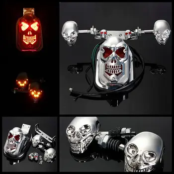 

Universal Motorcycle Skull Turn Signal Rear Brake Tail Stop Light For for Honda for Yamaha License Plate Bracket Chrome