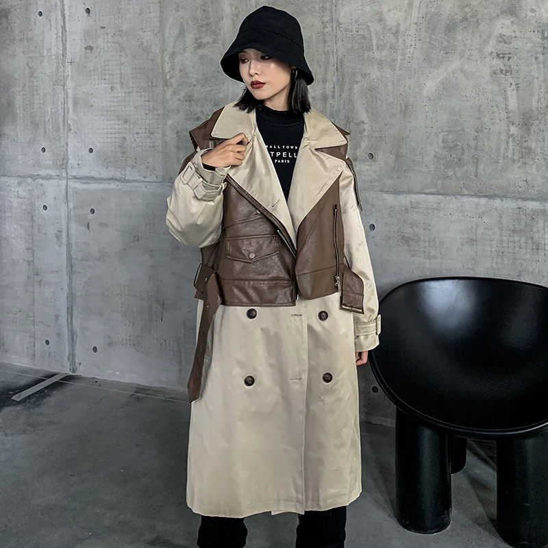 two pieces set LANMREM,, пальто контрастного цвета, женское, длинное, свободное, большой размер, с талией, коричневый, ПУ, жилет+ двубортная ветровка для женщин PB831 - Цвет: two pieces set