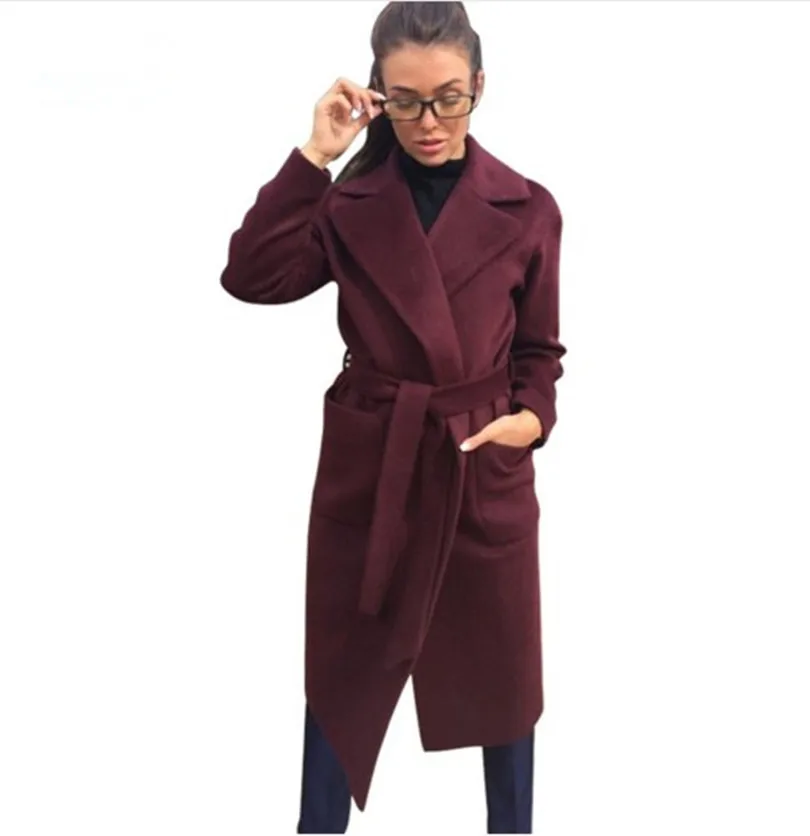 Элегантное длинное женское пальто г. Осенне-зимнее с отворотом, 2 кармана, с поясом, теплые куртки зимние однотонные пальто Женская куртка, верхняя одежда - Цвет: Wine Red