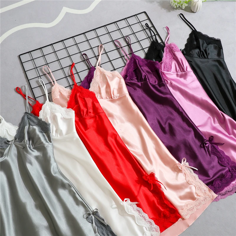 Women Nightgowns Satin Nightdress Sexy Sleepwear Lace Summer Nightdress